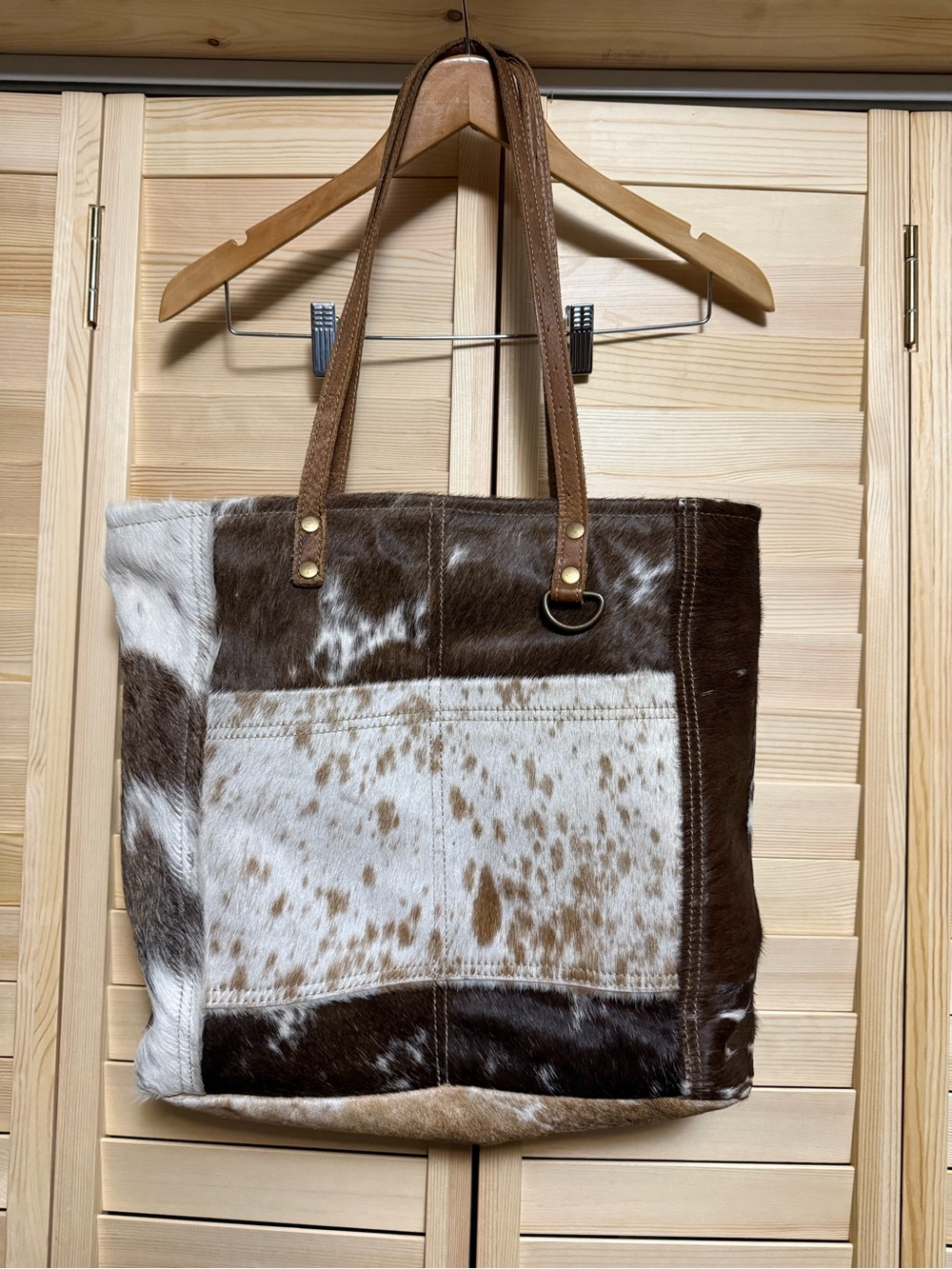 Brown and White Cowhide Patchwork Tote Bag